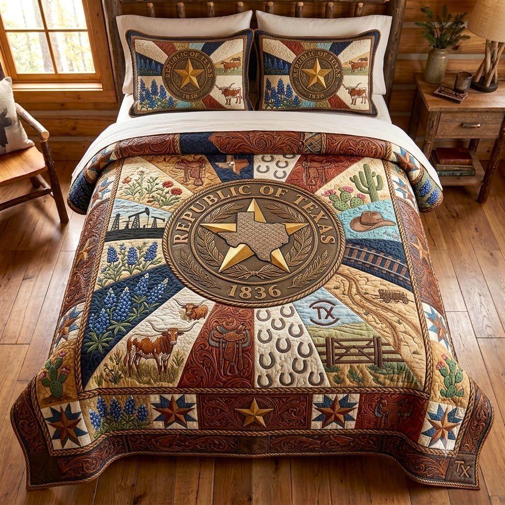 Texas Roots quilted 3-piece bedding set on a made bed in a rustic timber bedroom