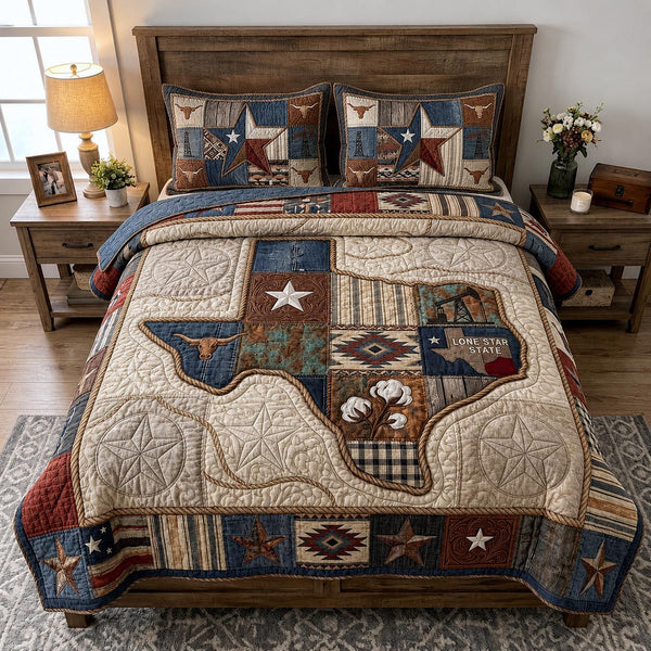 Texas Roots quilted 3-piece bedding set on a made bed in a rustic timber bedroom