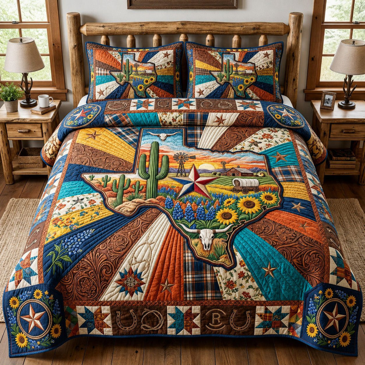 Texas Roots quilted 3-piece bedding set on a made bed in a rustic timber bedroom