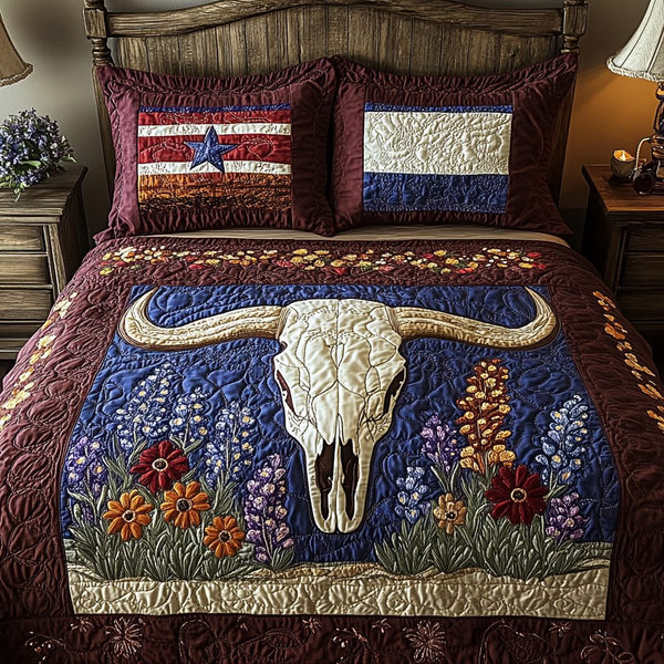 Texas Roots quilted 3-piece bedding set on a made bed in a rustic timber bedroom