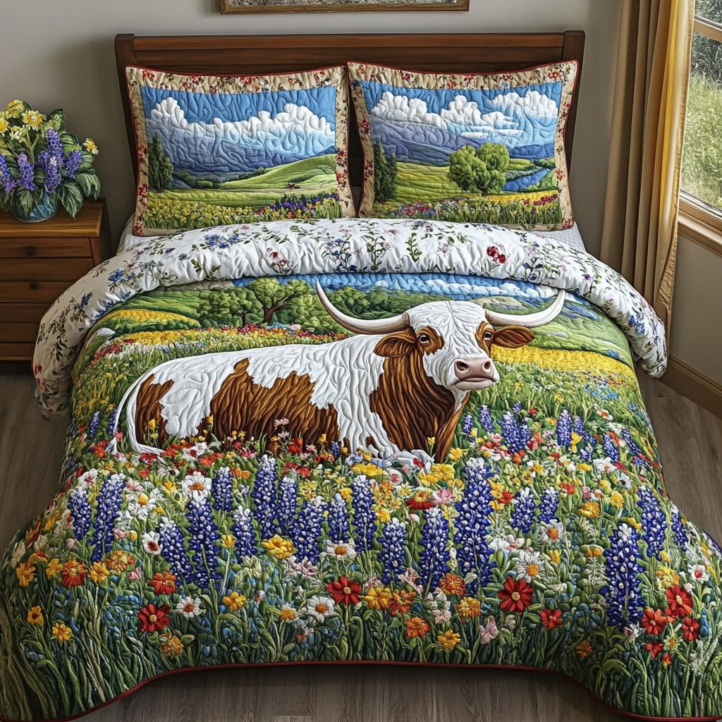 Texas Roots quilted 3-piece bedding set on a made bed in a rustic timber bedroom