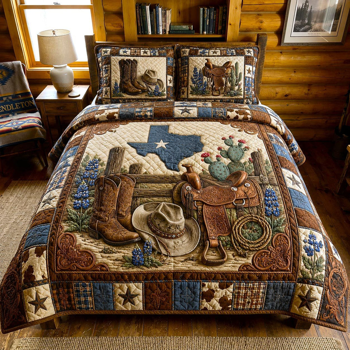Texas Spirit quilted 3-piece bedding set on a made bed in a rustic timber bedroom