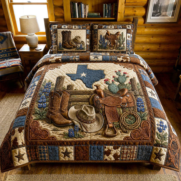 Texas Spirit quilted 3-piece bedding set on a made bed in a rustic timber bedroom