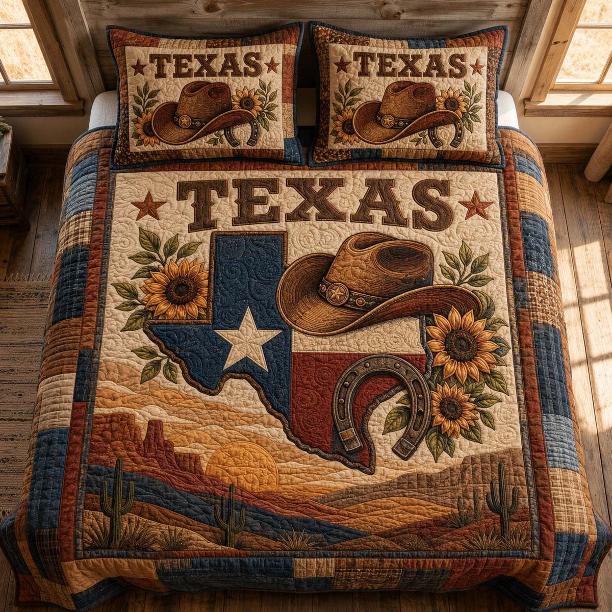 Texas Spirit quilted 3-piece bedding set on a made bed in a rustic timber bedroom