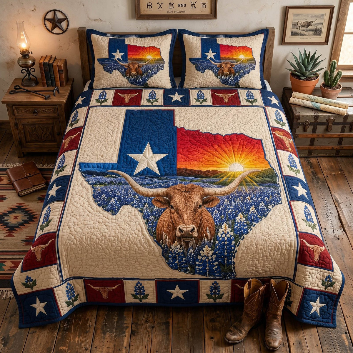 Texas Spirit quilted 3-piece bedding set on a made bed in a rustic timber bedroom