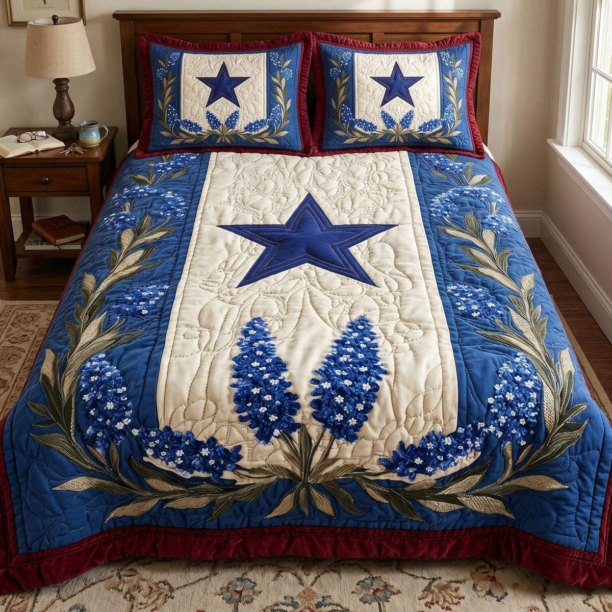 Texas Star quilted 3-piece bedding set on a made bed in a rustic timber bedroom