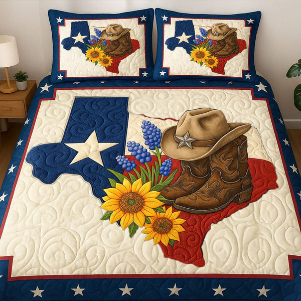 Texas Sunflower Glory quilted 3-piece bedding set on a made bed in a rustic timber bedroom