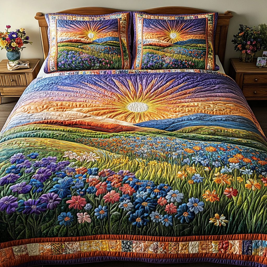 Texas Sunrise quilted 3-piece bedding set on a made bed in a rustic timber bedroom