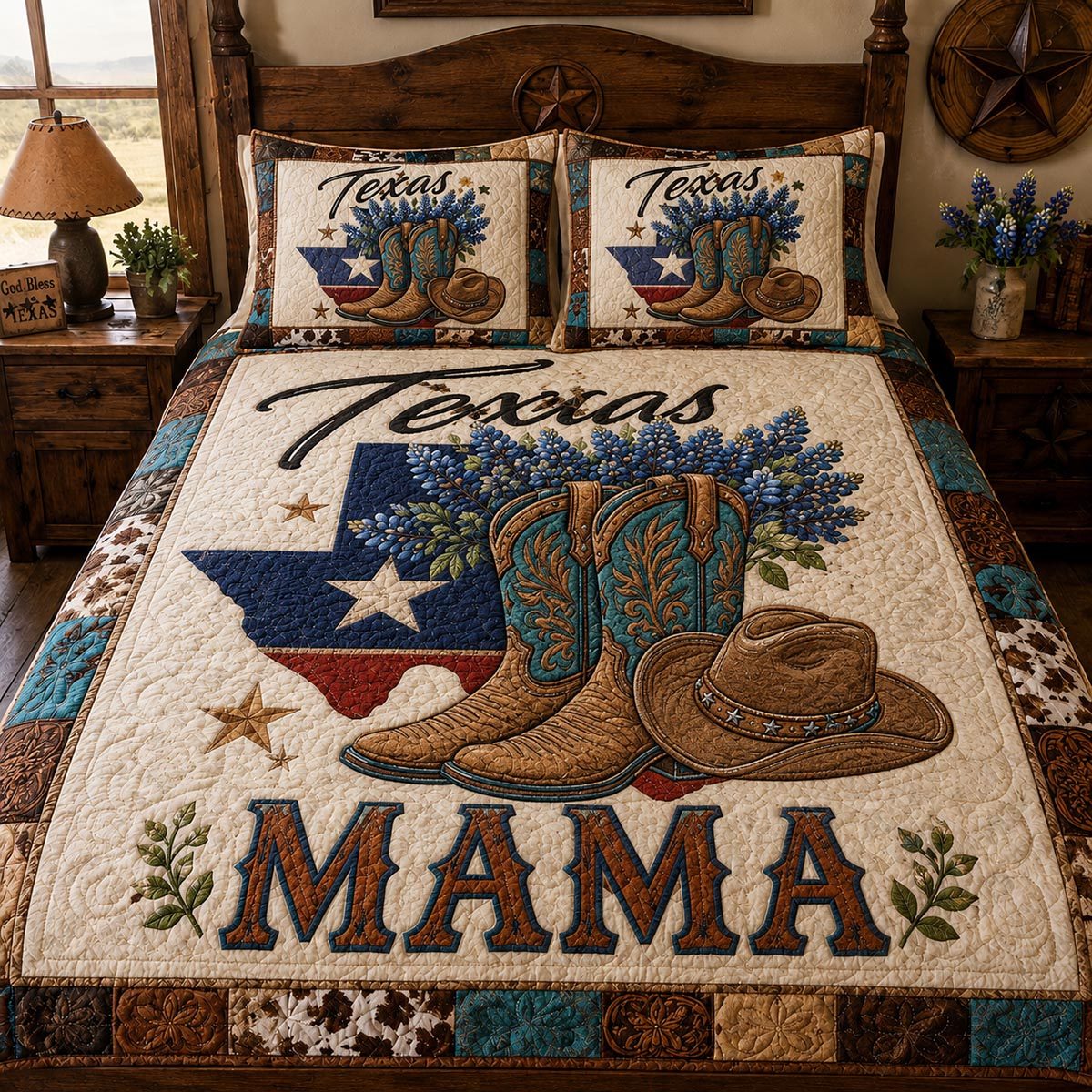Texas Trail Spirit quilted 3-piece bedding set on a made bed in a rustic timber bedroom