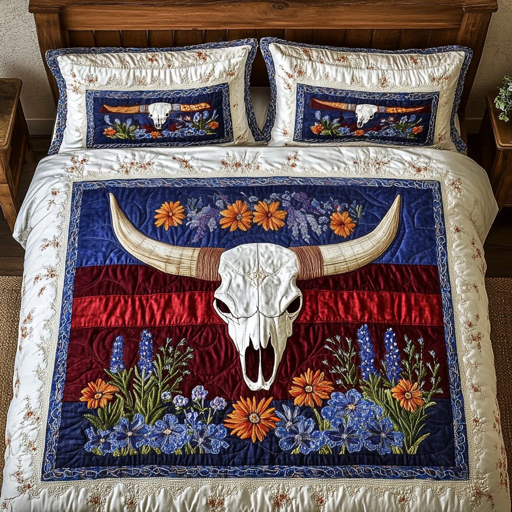 Texas Trails quilted 3-piece bedding set on a made bed in a rustic timber bedroom