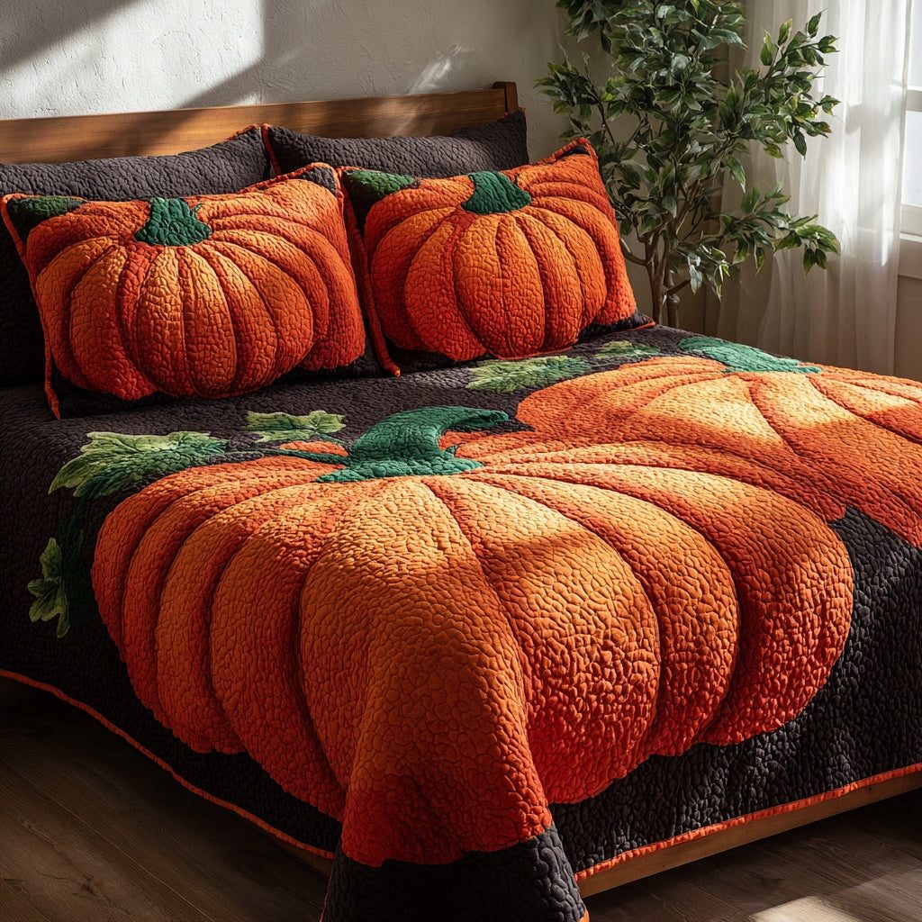 Textured Pumpkins quilted 3-piece bedding set on a made bed against a dark styled interior