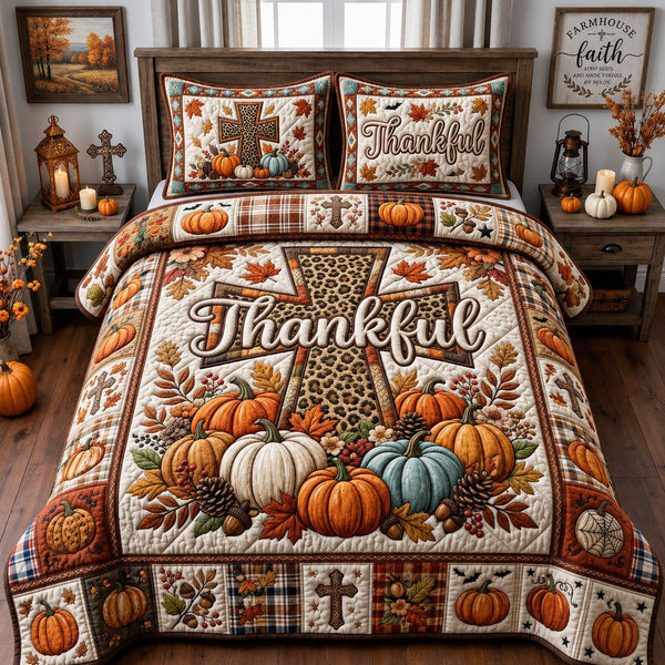 Thankful Cross quilted 3-piece bedding set on a made bed in a softly lit bedroom