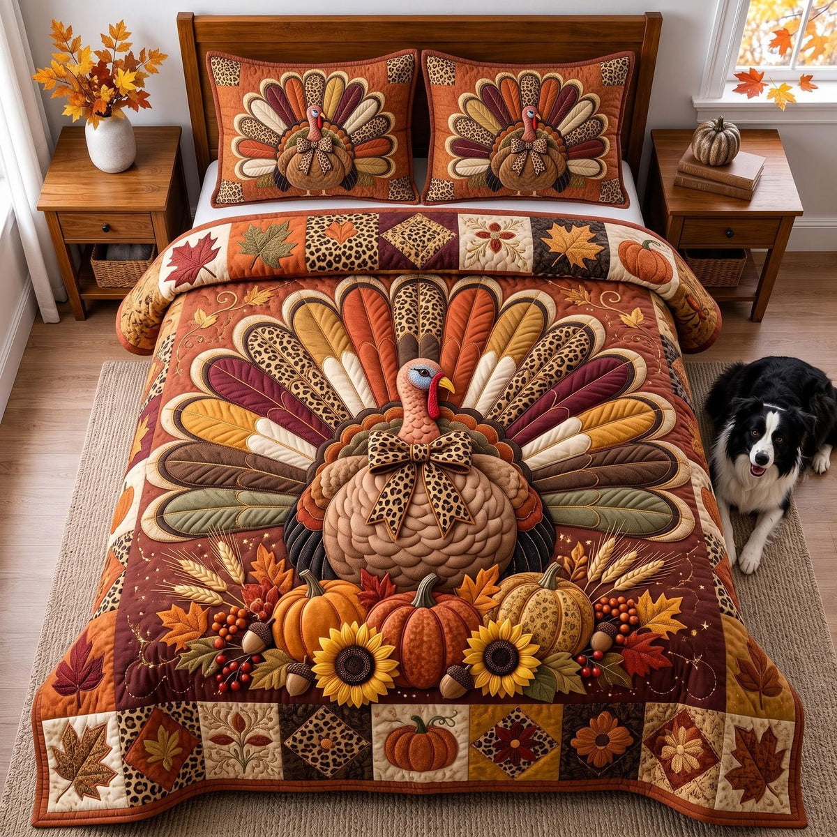 Thanksgiving Turkey quilted 3-piece bedding set on a made bed with two matching pillow shams