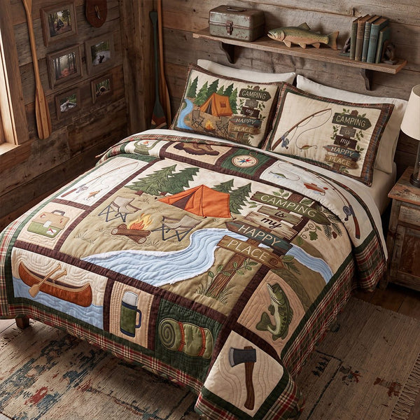 The Adventure Awaits quilted 3-piece bedding set on a made bed in a winter-styled bedroom