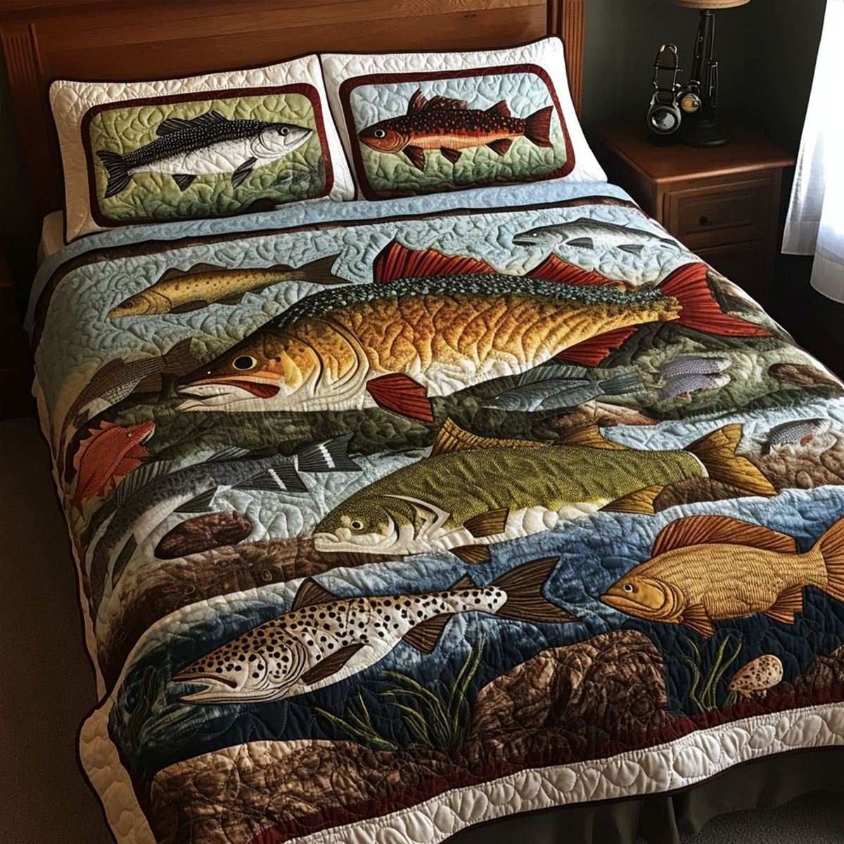 The Big Catch quilted 3-piece bedding set on a made bed with two matching pillow shams