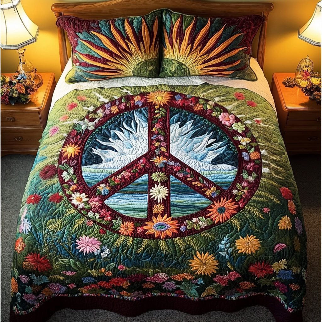 The Boho Spirit quilted 3-piece bedding set on a made bed with two matching pillow shams