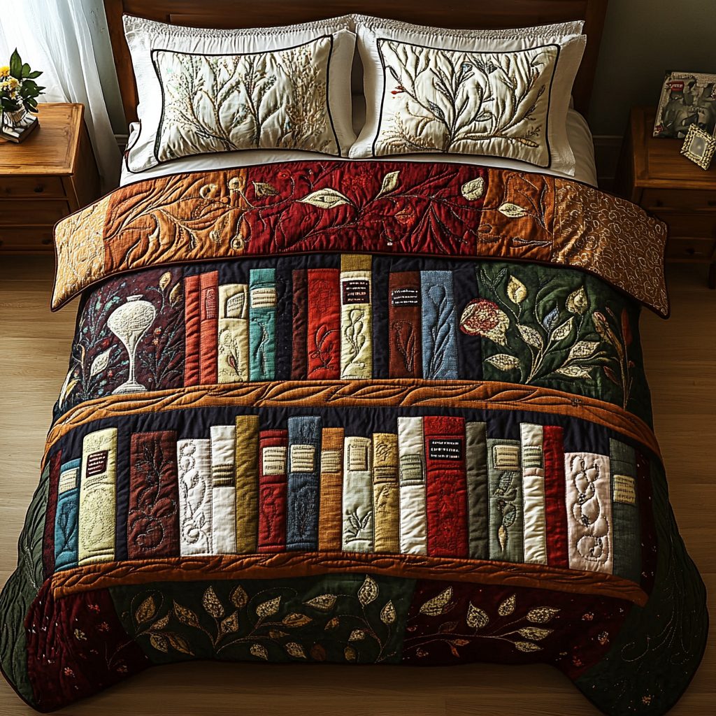 The Book Haven quilted 3-piece bedding set on a made bed with two matching pillow shams