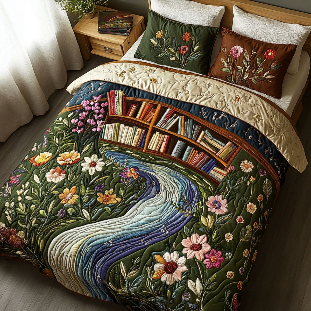 The Book Nest quilted 3-piece bedding set on a made bed with two matching pillow shams