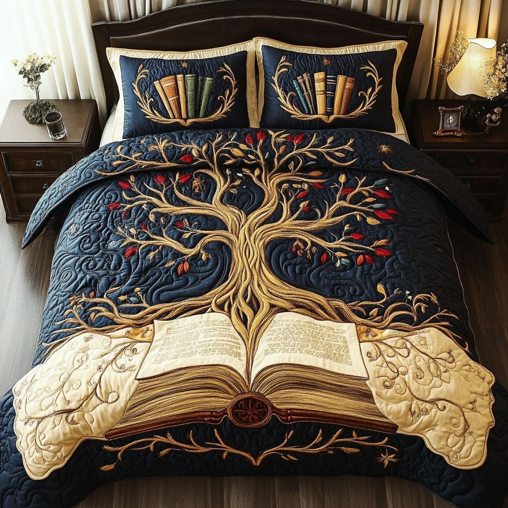 The Book of Ages quilted 3-piece bedding set on a made bed with two matching pillow shams