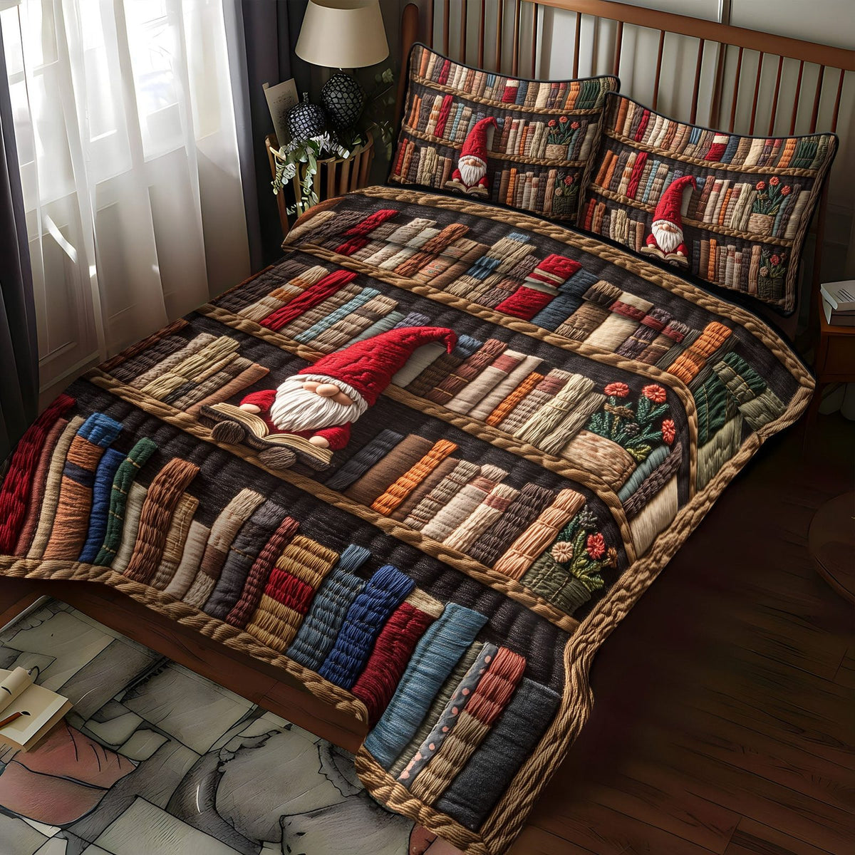The Bookish Gnome quilted 3-piece bedding set on a made bed in a winter-styled bedroom