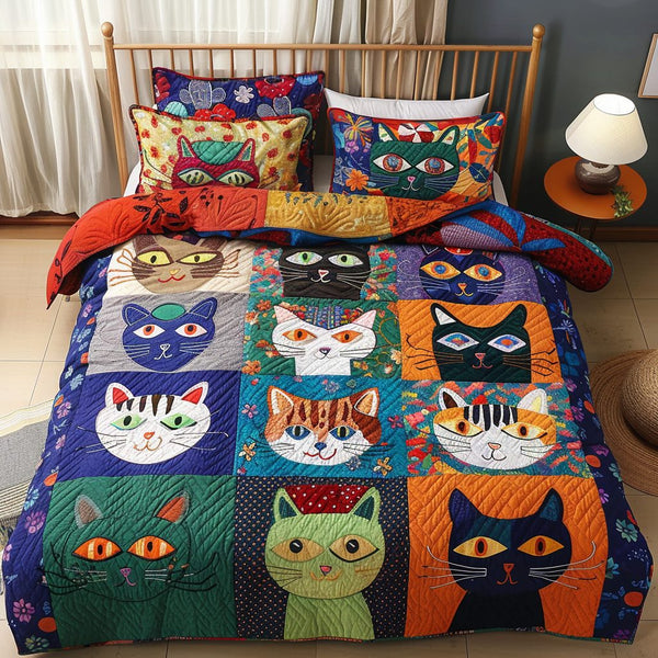 The Cat Parade quilted 3-piece bedding set on a made bed with two matching pillow shams