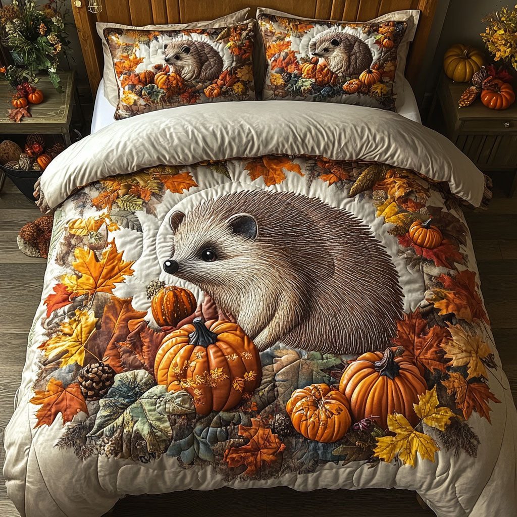 The Cozy Hedgehog quilted 3-piece bedding set on a made bed with two matching pillow shams