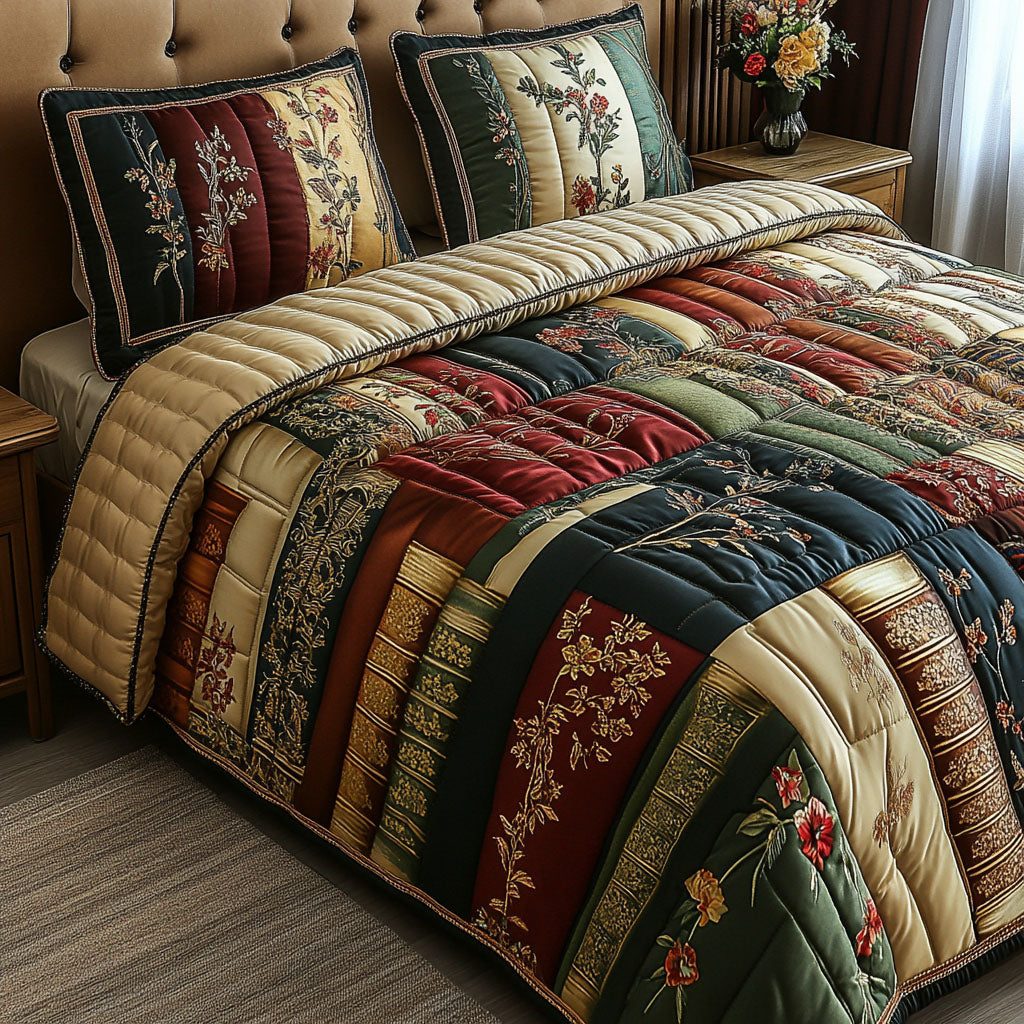 The Cozy Library quilted 3-piece bedding set on a made bed with two matching pillow shams