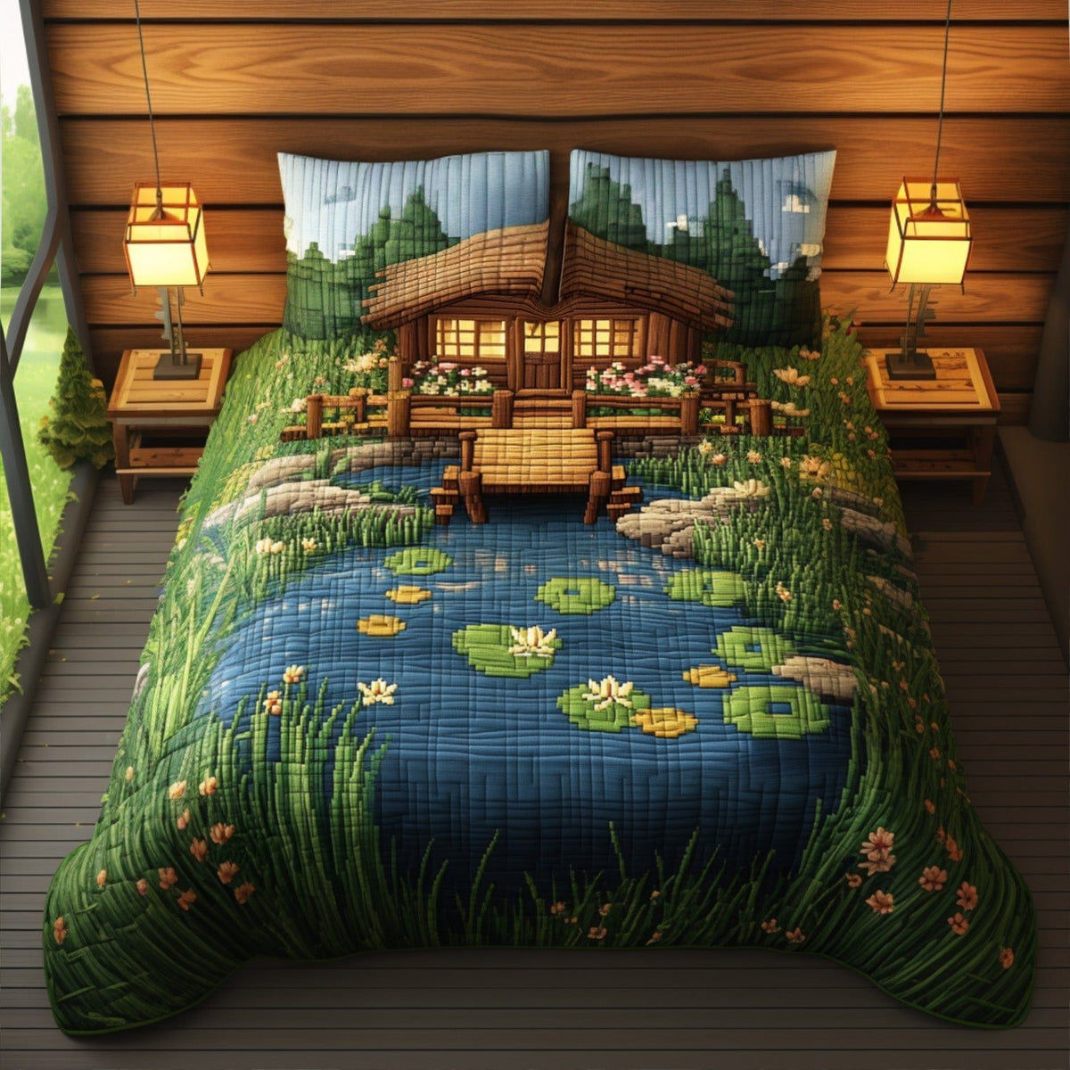 The Dockside Retreat quilted 3-piece bedding set on a made bed with two matching pillow shams