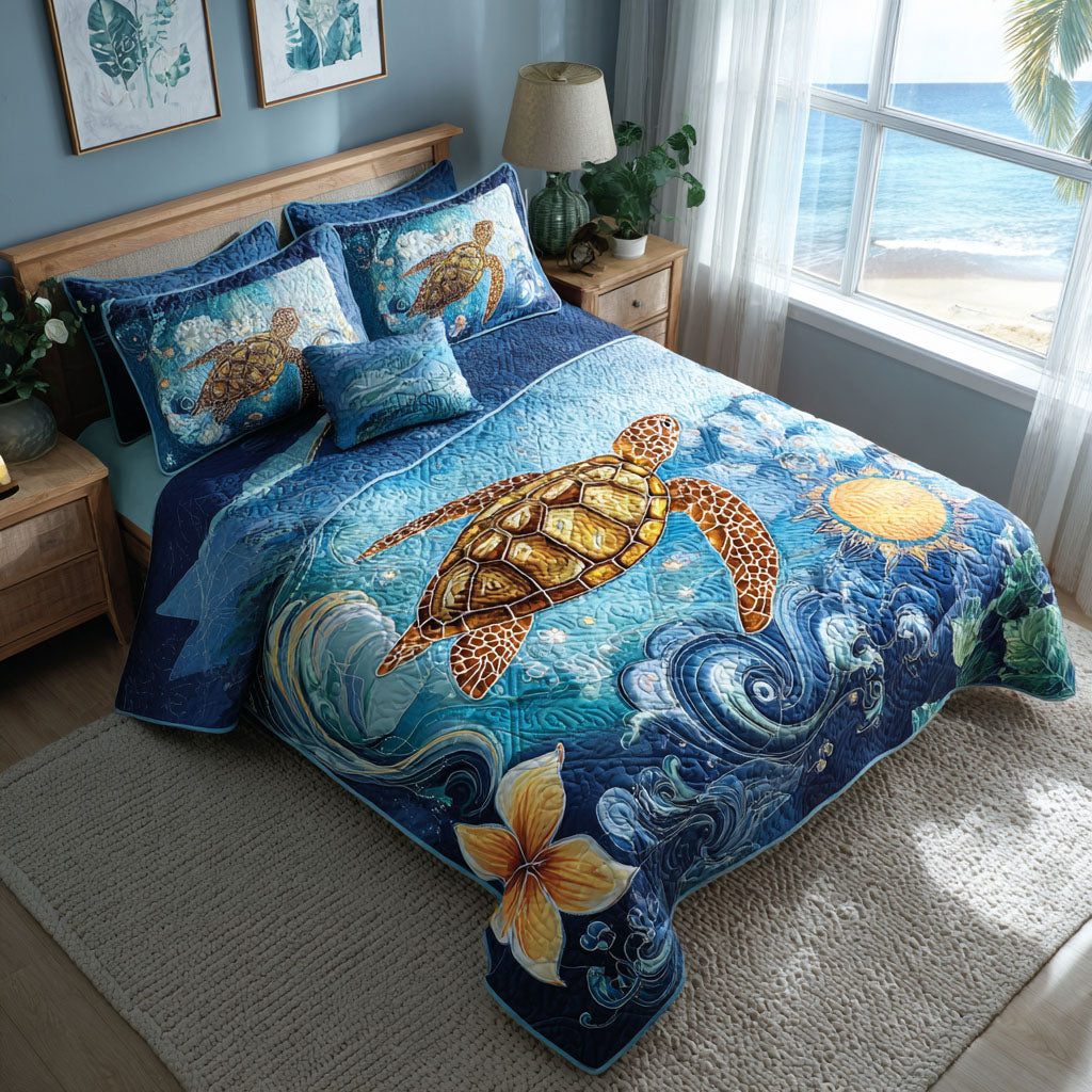 The Driftwood Path quilted 3-piece bedding set on a made bed in a light coastal bedroom