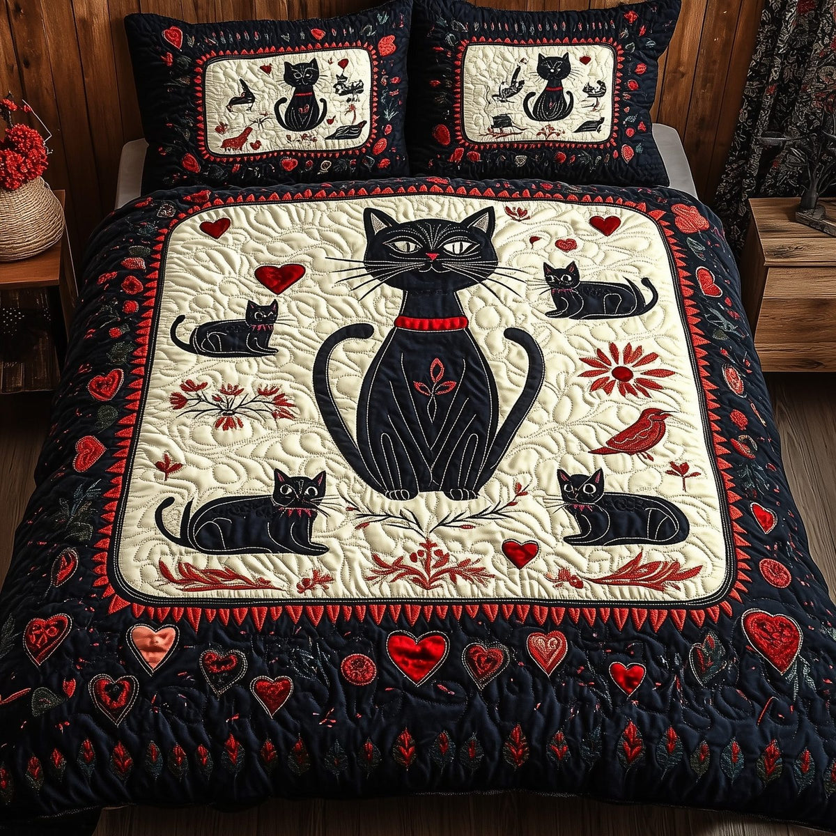 The Enchanted Cats quilted 3-piece bedding set on a made bed with two matching pillow shams