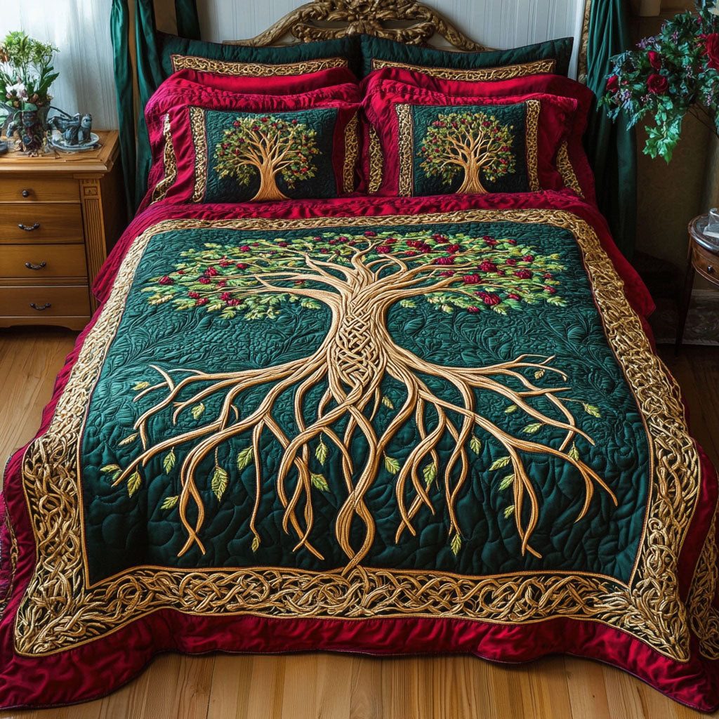 The Eternal Bloom quilted 3-piece bedding set on a made bed with two matching pillow shams