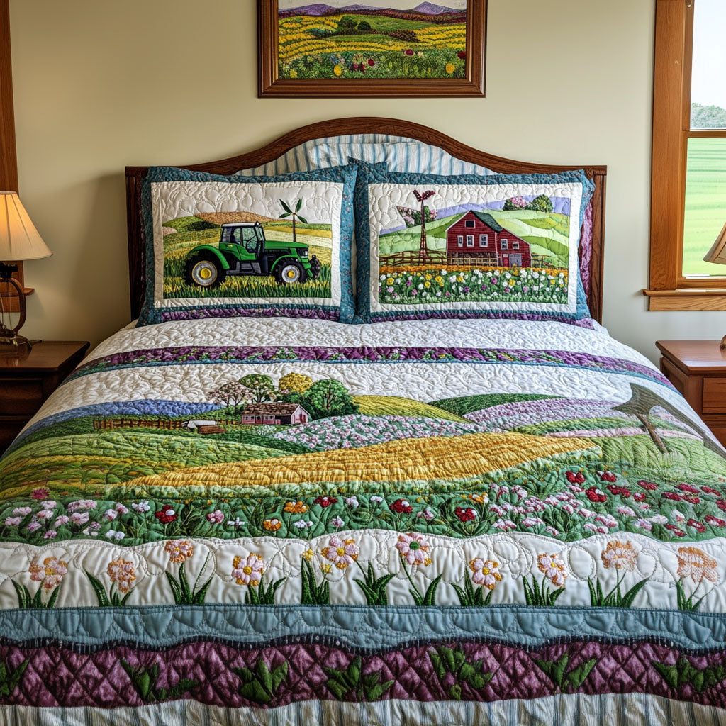 The Farmlands quilted 3-piece bedding set on a made bed with two matching pillow shams
