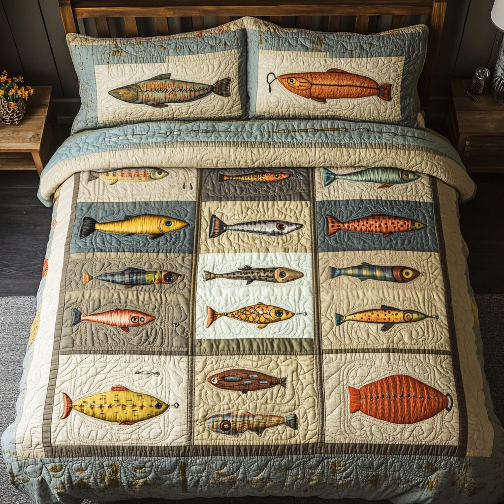 The Fish Whisperer quilted 3-piece bedding set on a made bed with two matching pillow shams