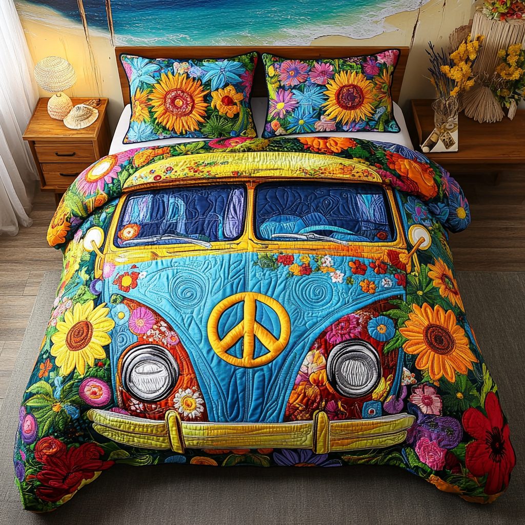The Flower Power Van quilted 3-piece bedding set on a made bed with two matching pillow shams