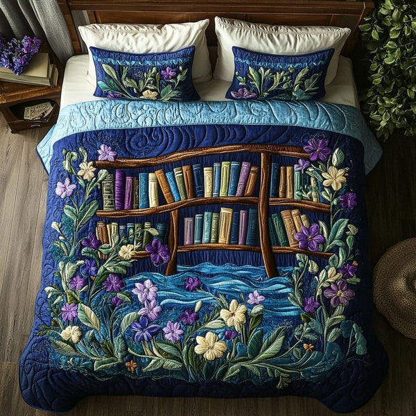 The Flowing Shelves quilted 3-piece bedding set on a made bed with two matching pillow shams