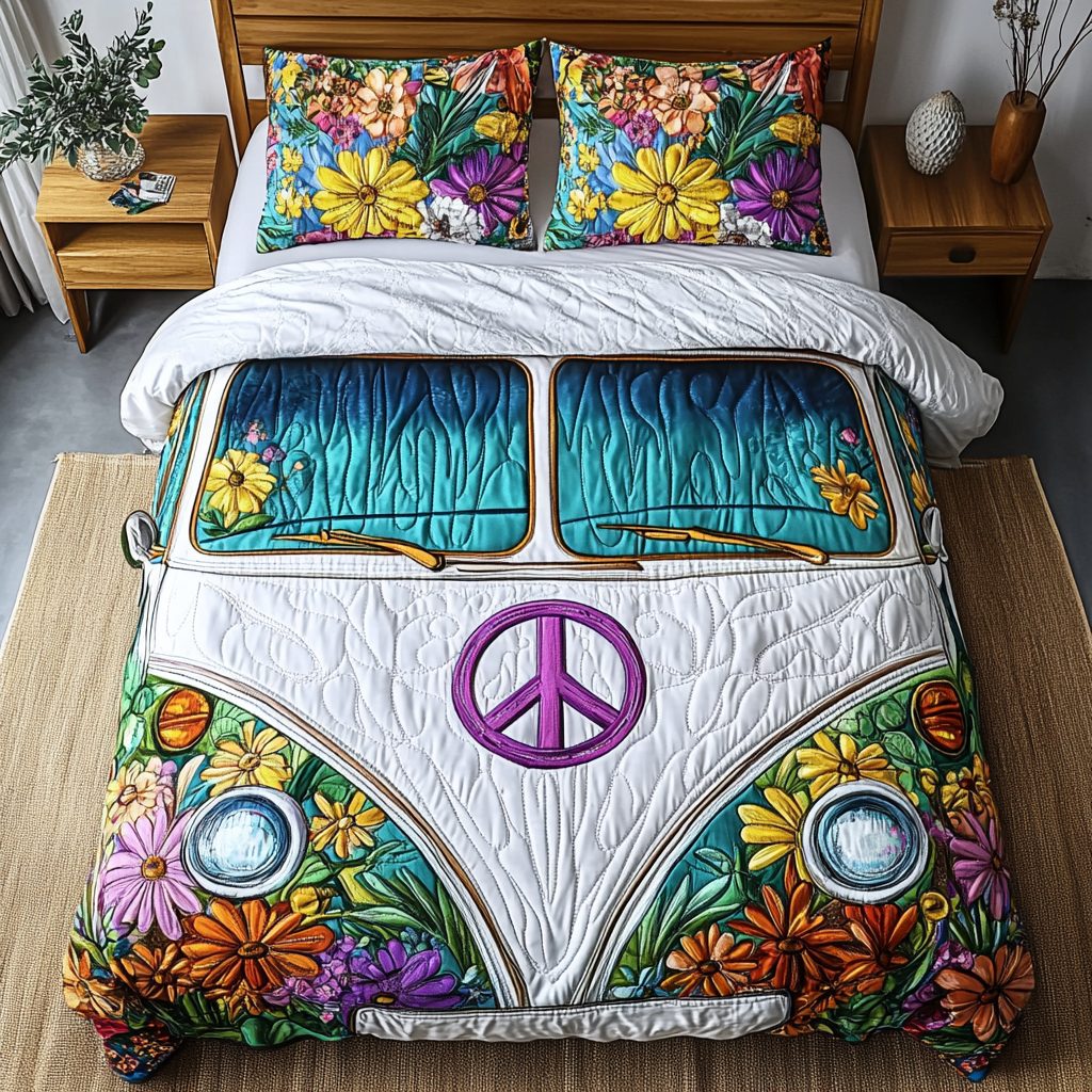 The Free Spirit Ride quilted 3-piece bedding set on a made bed with two matching pillow shams