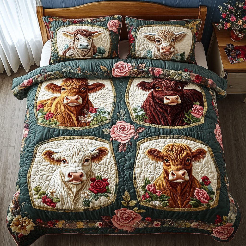 The Furry Scotsman quilted 3-piece bedding set on a made bed with two matching pillow shams