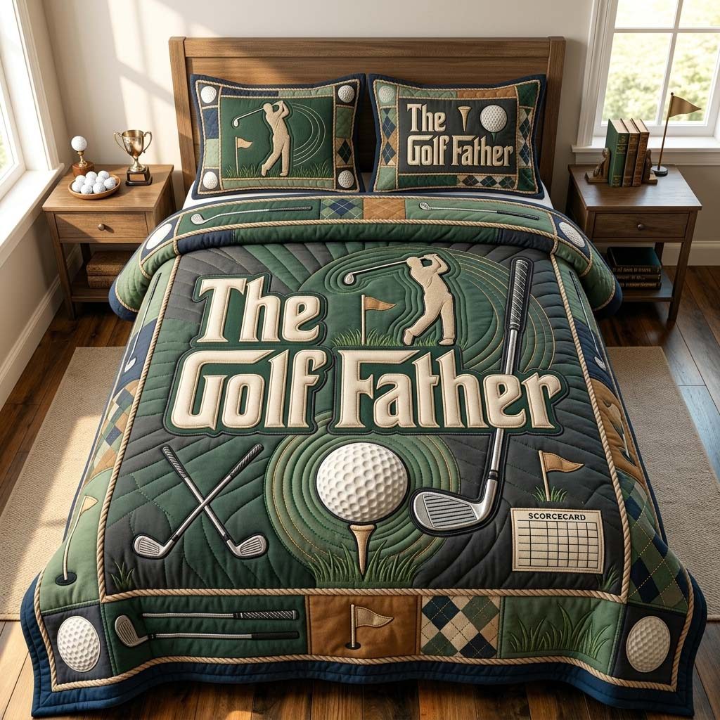 The Golf Father quilted 3-piece bedding set on a made bed with two matching pillow shams