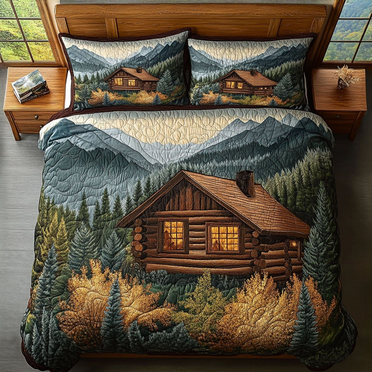 The Great Smoky Mountains Refuge quilted 3-piece bedding set on a made bed with two matching pillow shams