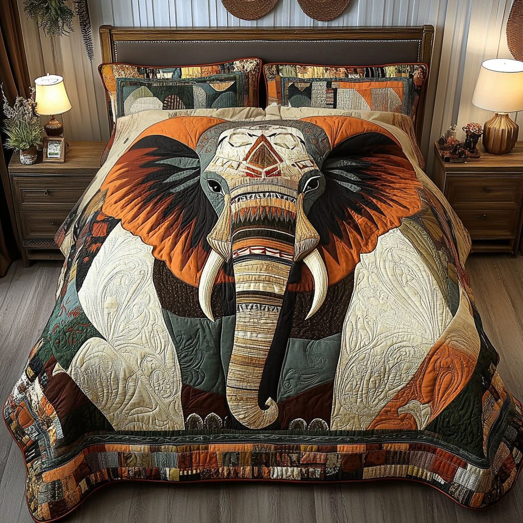 The Great Tusk quilted 3-piece bedding set on a made bed with two matching pillow shams