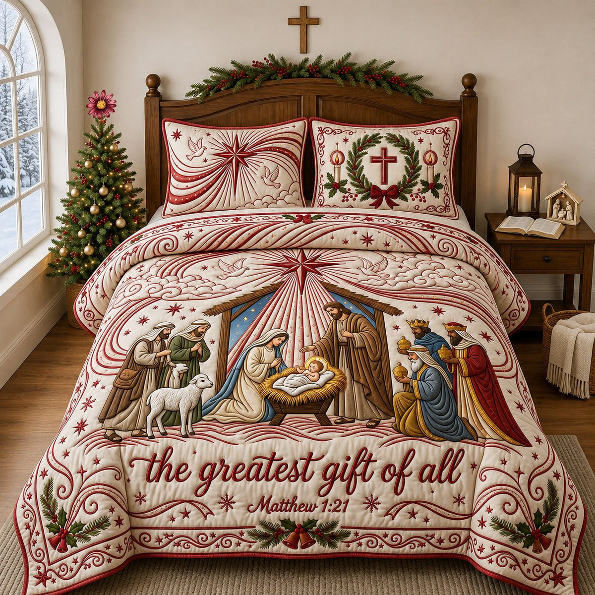 The Greatest Gift of All quilted 3-piece bedding set on a made bed with two matching pillow shams