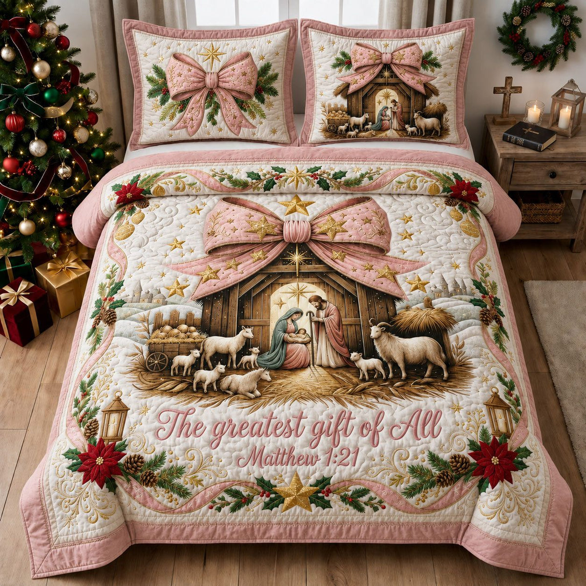 The Greatest Gift of All quilted 3-piece bedding set on a made bed with two matching pillow shams