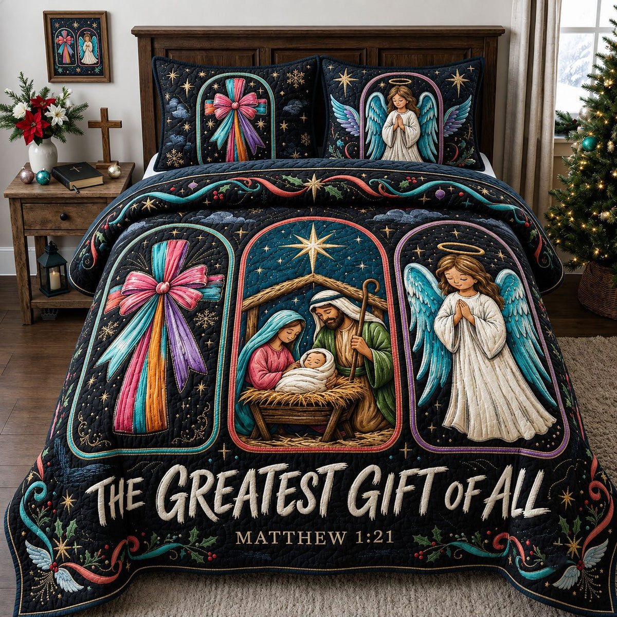 The Greatest Gift of All quilted 3-piece bedding set on a made bed with two matching pillow shams