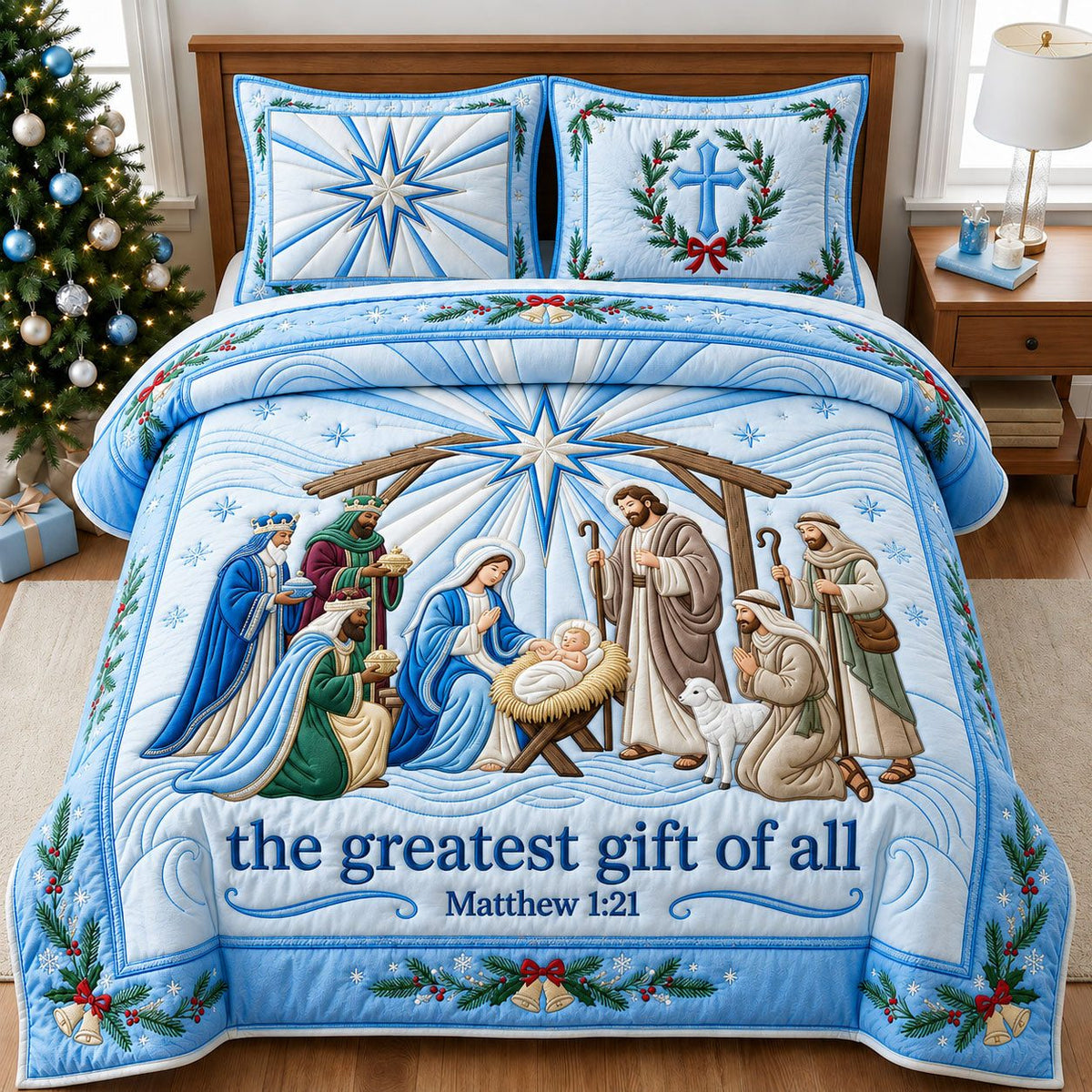The Greatest Gift quilted 3-piece bedding set on a made bed with two matching pillow shams