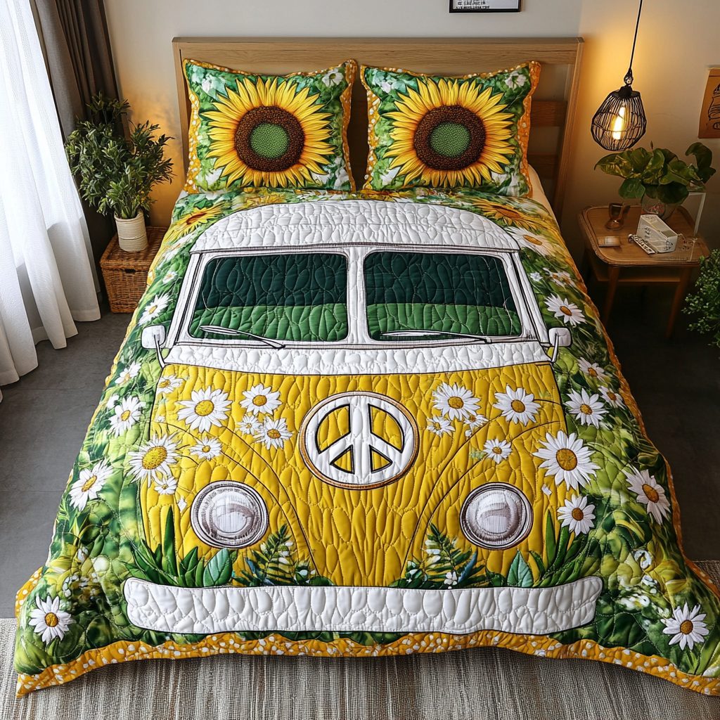 The Groovy Van quilted 3-piece bedding set on a made bed with two matching pillow shams