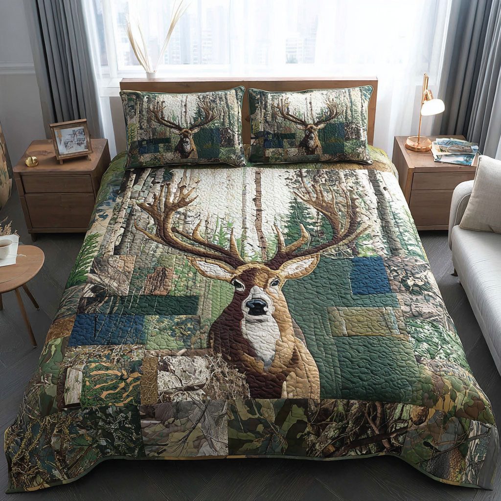 The Hunt Begins quilted 3-piece bedding set on a made bed with two matching pillow shams