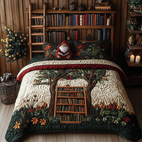 The Learned Gnome quilted 3-piece bedding set on a made bed in a winter-styled bedroom