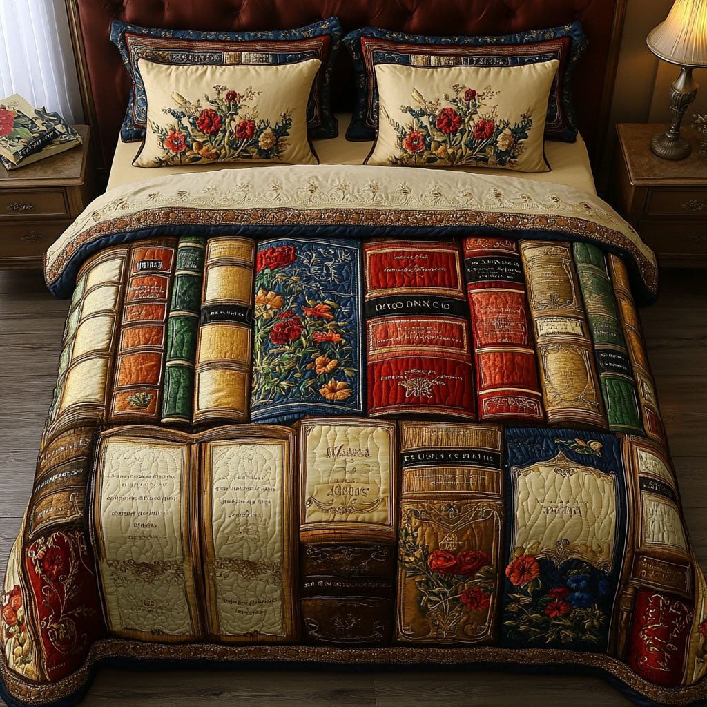 The Library Retreat quilted 3-piece bedding set on a made bed with two matching pillow shams