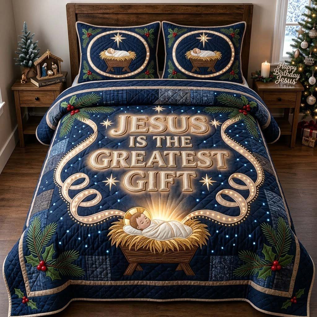 The Lightof Bethlehem quilted 3-piece bedding set on a made bed with two matching pillow shams
