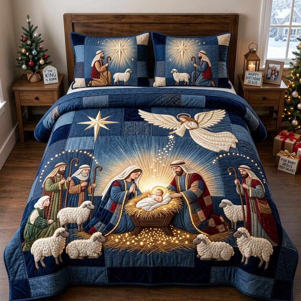 The Lightof Bethlehem quilted 3-piece bedding set on a made bed with two matching pillow shams